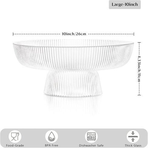 INSETLAN Elegant Glass Fruit Bowl - Clear Ribbed Fluted Pedestal Bowl for Fruits, Salads, Desserts, and Snacks - Decorative Centerpiece for Dining Table, Kitchen, or Living Room Décor (8inch) in Saudi Arabia