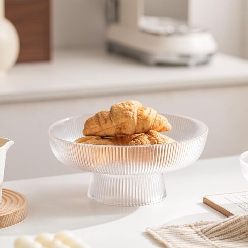 INSETLAN Elegant Glass Fruit Bowl - Clear Ribbed Fluted Pedestal Bowl for Fruits, Salads, Desserts, and Snacks - Decorative Centerpiece for Dining Table, Kitchen, or Living Room Décor (8inch) in Saudi Arabia