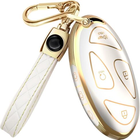 Lucrum Compatible with Hyundai IONIQ 6 Key Fob Cover & Leather Keychain, 7 Buttons TPU Keyfob Case for Santa Fe, Grandeur, KONA, Elantra (2022-2025) - White and Gold in Saudi Arabia