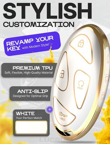 Lucrum Compatible with Hyundai IONIQ 6 Key Fob Cover & Leather Keychain, 7 Buttons TPU Keyfob Case for Santa Fe, Grandeur, KONA, Elantra (2022-2025) - White and Gold in Saudi Arabia
