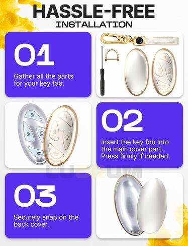 Lucrum Compatible with Hyundai IONIQ 6 Key Fob Cover & Leather Keychain, 7 Buttons TPU Keyfob Case for Santa Fe, Grandeur, KONA, Elantra (2022-2025) - White and Gold in Saudi Arabia