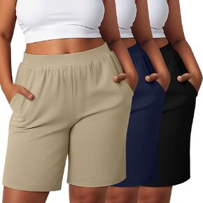 3 Pack Women's Plus Size Bermuda Shorts, High Waisted Elastic Bermuda Active Summer Shorts with Pockets