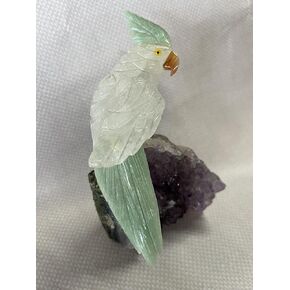 Cockatoo Crystal Quartz, Hand Carved Decorative Bird Stone with Amethyst Stand
