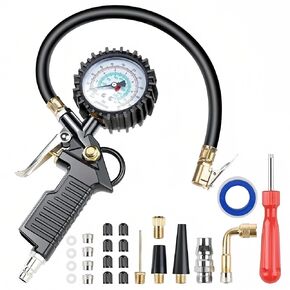 Tire Inflator with Pressure Gauge (0-220 PSI) Heavy Duty Air Chuck and with with Rubber Hose Compressor Accessories and Quick Connect Coupler Applications Car RV Truck Motorcycle Bicycle