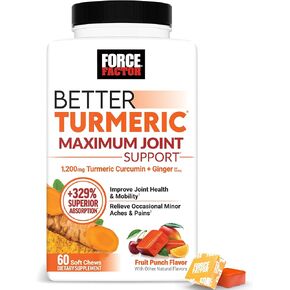 FORCE FACTOR Better Turmeric Maximum Joint Support, 1075mg Curcumin with Ginger to Support Mobility, Flexibility & Comfort, Chews More Convenient Than Turmeric Gummies, Fruit Punch, 60 Soft Chews