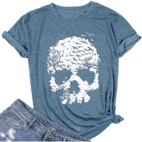 Skull Shirts for Women Funny Gothic Graphic T-Shirts Novelty Horror Tee Casual Athletic Tops
