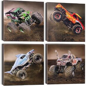 Deveosa 4PC Truck Poster Car Pictures Themed Canvas Men Playroom Vehicle Painting Wall Art Room Decor For Little Boys Bedroom