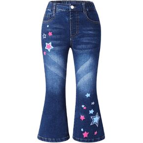 WDIRARA Girl's Star Print High Waist Flare Bell Bottom Jeans Stretchy Denim Pants