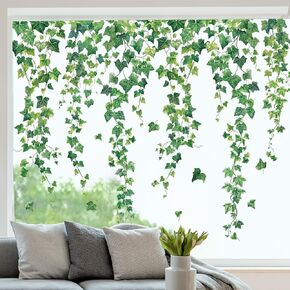 Whaline 9 Sheets Hanging Greenery Vine Window Cling Stickers Spring Evergreen Ivy Leaves Windows Decals Watercolor Plant Reusable Window Decoration for Party Home Office Classroom