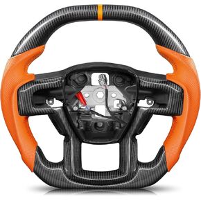 Real Carbon Fiber Steering Wheel for F150 Raptor 2017-2020 with Trim Cover Double D-shaped Racing Nappa Perforated Leather Grip Hand-stitched for Raptor Gen2 with Paddle Shifter Models