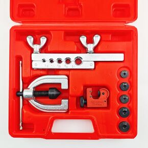 Brake Line Flaring Tool Kit for Double & Single 45-Degree Flares | Heavy-Duty Steel w/5 Adapters (3/16"-1/2") | Compact Red Case for HVAC, Copper, Aluminum & Brass Tubing