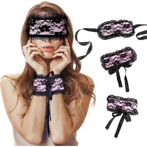 FRESHME Blindfold Sleep Mask and Hand Ties - 3 Pcs Pink Black Cute Comfortable Lace Blackout Sleeping Eye Mask Cover Blind Folds for Couples Women, Lovely Valentines Day Gift for Her Girlfriend Wife