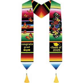 Mexican Graduation Sash 2025 for Women and Men, Colorful Serape Latino Grad Stole with Butterfly and Floral, Cultural Heritage Graduation Accessory for High School and College Seniors