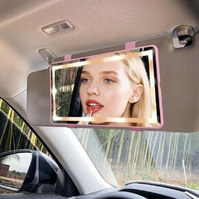 Car Mirror Visor Vanity with Rechargeable LED Light - 3 Light Modes & Dimmable Touch Screen - Passenger Princess Car Accessories Vanity Mirror for Women & Girl - Pink in Saudi Arabia