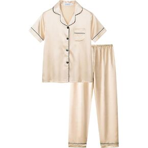 CYCHELRY Big Girls Satin Pajamas Summer Short Sleeve and Pants Button Down Silky Unisex Kid PJS 2PCS Sleepwear Set Size 8-16