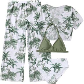 Girl's 4 Piece Set Coconut Tree Print Criss Cross Bikini Sets Bathing Suit