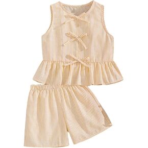 SweatyRocks Toddler Girl's 2 Piece Summer Outfits Striped Bow Sleeveless Peplum Top and Shorts Sets