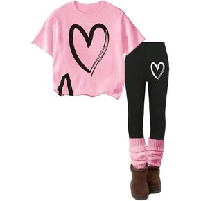 SOLY HUX Girl's 2 Piece Outfits Heart Graphic Short Sleeve Tee Tops and Leggings Pants Set Streetwear