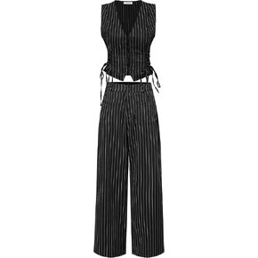 MOD V-Neck Sleeveless Side Tie Waist Straight Pants Black Striped Suit Set,Back To School Preppy Tops 2pcs