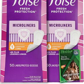 Poise Microliners, Longest Length - Incontinence 1 Drop Lightest Absorbency, 50 Count (2 Pack - Total of 100 Liners) and Vital Volumes Tips Card