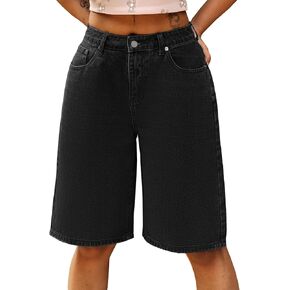 Women Jean Shorts Mid-High Waisted Stretchy Casual Denim Shorts Summer Trendy Jorts Distressed