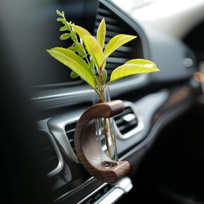 INEBIZ Car Air Vent Flower Vase Clip, Retro C Shaped Wooden Stand Plant Holder, Car Interior Decor Accessorries for Women Girls Aesthetic