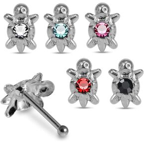 Pack of 5 Pieces Mix Color Jeweled Turtle 925 Sterling Silver 20Gx1/4 (0.8x6MM) Ball End Nose Pin