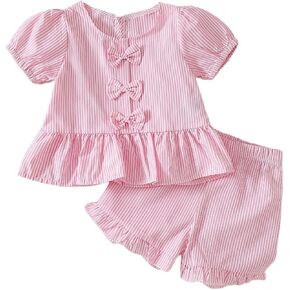 MakeMeChic Baby Girl's Summer Clothes Bow Striped Top Shorts Set Cute Outfit