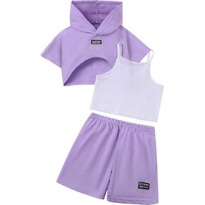 Girl's Summer 3 Piece Outfits Graphic Crop Top and Camisole with Shorts Set