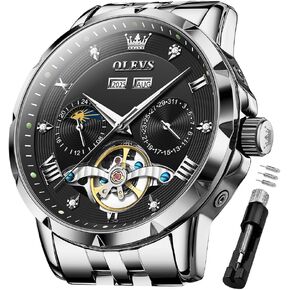 OLEVS Men Automatic Watch Skeleton Mechanical Classic Luxury Business Diamond Stainless Steel Waterproof Luminous Date Calendar Wrist Watches for Men
