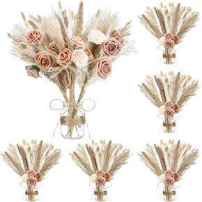 6 مجموعات 142 PCS مجفف بامباس العشب الجدول المعمودية المعمودية المركزية بوهو بامباس العشب زهرة الاصطناعية واضحة الجرار مزهرية مع حبل لحفل زفاف الطفل دش الحزب ريفي المزرعة المنزل