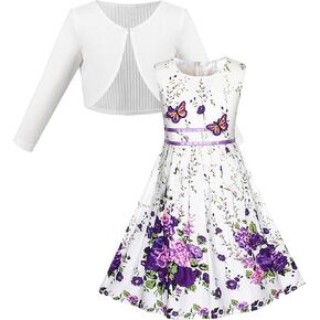 Girls Purple Floral Dress Long Sleeve White Bolero Shrug 2 PCS Sets