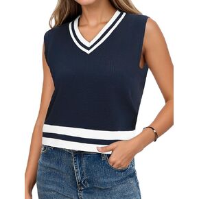 Womens Cropped Sweater Vest Summer V Neck Color Block Sleeveless Crop Tank Tops Loose Fit Knit Shirts 2025