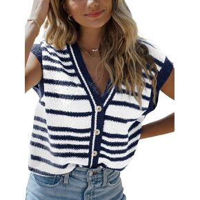 Saodimallsu Womens Striped Sweater Vest Button Up V Neck Sleeveless Loose Knit Summer Trendy Tank Tops