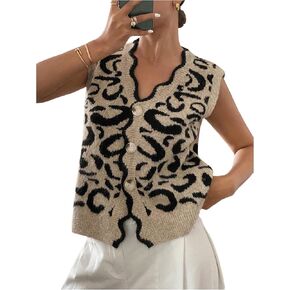 WDIRARA Women's Leopard Print Button Down Sweater Vest V Neck Sleeveless Cardigan Scallop Trim Knit Tops