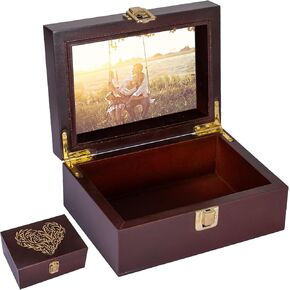 Small Wooden Memory Keepsake Boxes With Hinged Lids and a photo frame inside the lid - Decorative Storage Box With a Hinge Lids For Picture Letter Time Capsule - Wooden Gift Boxes，3.1“*5.1"*7.1“