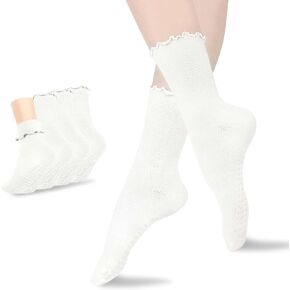 MAKABO Grip Pilates Socks, Seamless Ruffle Non Slip Yoga Socks for Women, 4 Pairs Multicolor, Size 5-10