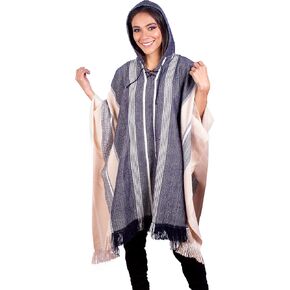 Hodded Beige و Blue Alpaca Poncho للنساء