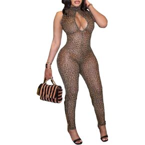 Molilove Women's Sexy Cheetah Print Jumpsuits Sleeveless Hollow Out Top Bodycon Pant Romper Y2K One Piece Outfits