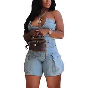 Unybwonn Women Sexy Denim Cargo Romper Strapless Sleeveless Stretch Jean Jumpsuit One Piece Overalls Shorts Clubwear