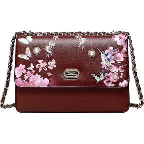 Floral Harmony Chain Shoulder Bag - Embellished with Pearls and Crystals, Leather Clutch with Pink Floral and Hummingbird