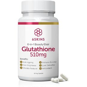 6SKINS® 6in1 Beauty Elixir with Liposomal Glutathione 510mg | Glutathione Supplement 4X Better Absorption - Immune Support, Liver Detox, Powerful Antioxidant for Healthier Skin - 60 Capsules
