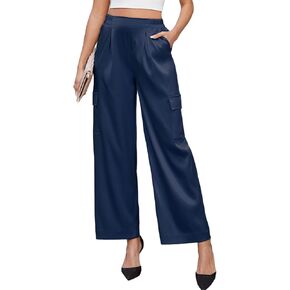 ZAFUL Womens Satin Pants Wide Leg High Waisted Cargo Pants Silky Dressy Casual Party Slack Trousers, Navy, S