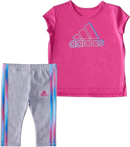 adidas Girls' 2 Piece Cotton Tee 3-Stripe Tight Set, Pink, 6 in Saudi Arabia