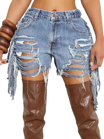 Women's High Waist Ripped Denim Shorts Tassels Hem Distressed Stretchy Trendy Summer Jean Shorts in Saudi Arabia