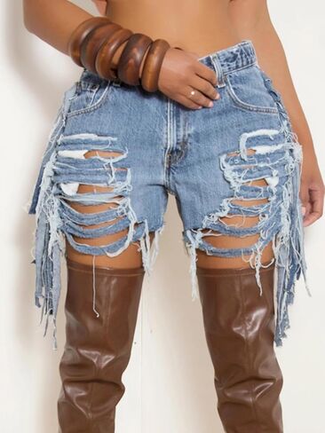 Women's High Waist Ripped Denim Shorts Tassels Hem Distressed Stretchy Trendy Summer Jean Shorts in Saudi Arabia