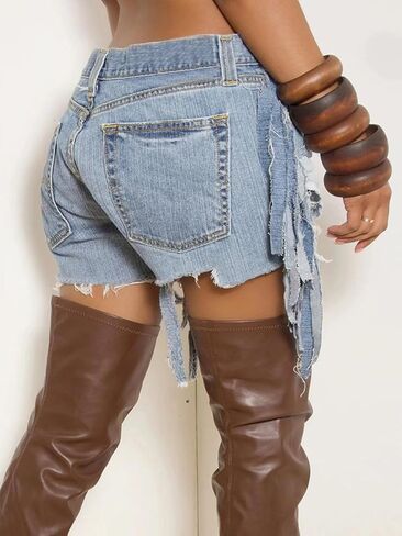 Women's High Waist Ripped Denim Shorts Tassels Hem Distressed Stretchy Trendy Summer Jean Shorts in Saudi Arabia