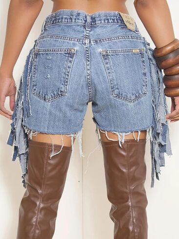 Women's High Waist Ripped Denim Shorts Tassels Hem Distressed Stretchy Trendy Summer Jean Shorts in Saudi Arabia