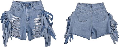 Women's High Waist Ripped Denim Shorts Tassels Hem Distressed Stretchy Trendy Summer Jean Shorts in Saudi Arabia