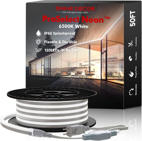 Shine Decor LED Neon Rope Lights AC 120V, ETL-Listed Flexible 120LEDs/M Dotless Strip Lighting, Custom Cuttable & IP65 Waterproof for Indoor Outdoor, 6500K Cool White, 150FT in Kuwait